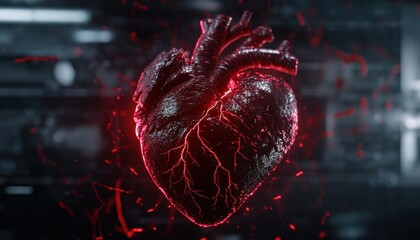 Poster - Glowing Red Human Heart 3D Render Abstract Medical Digital Art