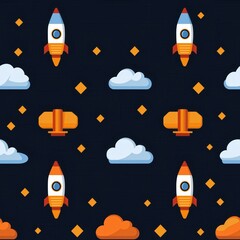 Poster - Futuristic High-Speed Internet Connection with Rockets and Cloud Icons in a Stylish Pattern