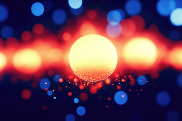 Aufkleber - glowing sphere emits warm, radiant light amidst vibrant, abstract background of blue and red bokeh, creating mesmerizing and dynamic visual effect
