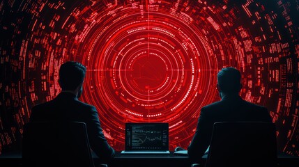 Poster - Two Professionals Analyzing Data in a Red Technology Environment for Business Concept