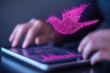 Poster - Digital Data Analysis Concept with Hands on Tablet and Holographic Bird in Business Environment