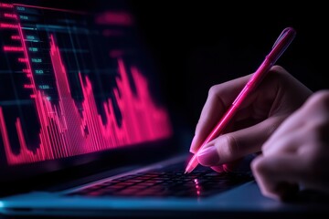 Poster - Close Up of Data Analysis Concept with Laptop and Hand Using Pink Pen in Dark Environment