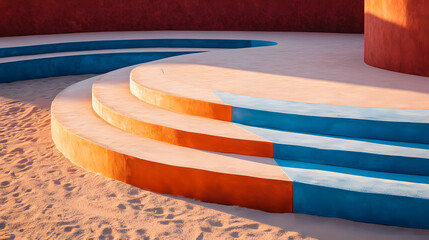 Poster - Curved bench positioned in soft sand under natural light emphasizing concentric shapes and faded tones in a relaxing outdoor setting.