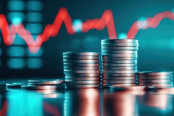 Poster - Rising Stacks of Coins Illustrating Economic Success and Financial Growth in a Modern Concept