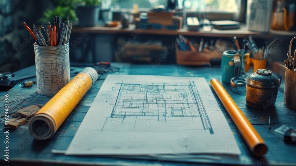 Detailed architectural design rolls with blueprint drafting tools Stock ...