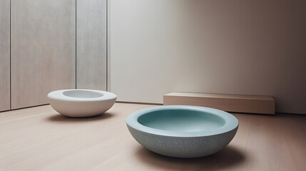 Aufkleber - Two bowls placed on a wooden floor within a contemporary art gallery showcasing modern sculptures and elegant design.