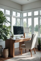 Poster - Modern workspace with a stylish desk and large windows in a cozy home environment surrounded by plants
