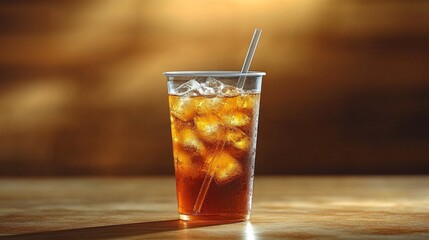 Poster - A clear cup filled with iced tea and ice cubes sits on a wooden table, showcasing a refreshing beverage enjoyed during a sunny afternoon, highlighting its golden color.
