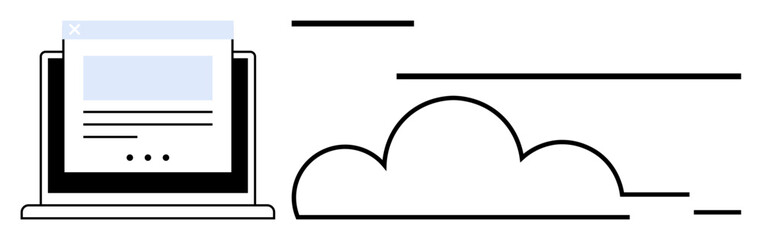 Poster - Laptop displaying online document, cloud shape beside it, representing digital storage and data sharing. Ideal for cloud, technology, data, storage, transfer networking innovation. Flat simple