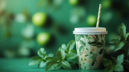 Poster - A decorative cup filled with a cool beverage rests among fresh green leaves, surrounded by blurred green apples, creating a refreshing atmosphere.