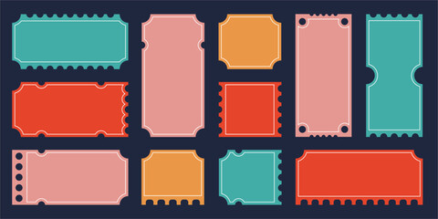 Poster - Empty frames with stabbing, tickets and coupons shapes, colorful text and message paper boxes. Vector illustration