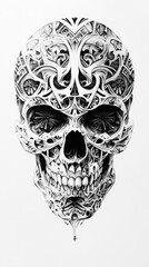 Poster - A detailed artistic illustration of a human skull adorned with patterns