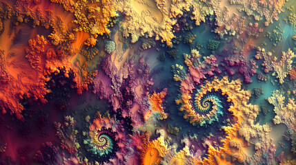 Poster - Vibrant and colorful abstract background featuring whimsical fractal designs with playful patterns and a kaleidoscope of colors and shapes.