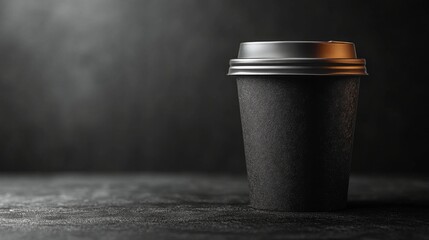 Aufkleber - A dark-colored coffee cup stands on a textured surface, illuminated by soft light that enhances its shape and surface. The contrast creates a mysterious atmosphere in the setting.