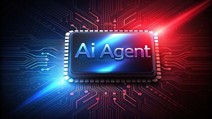 Poster - AI Agentic. Futuristic AI chip design with glowing blue and red accents on a circuit board background.