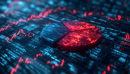 Poster - 3D pie chart glowing on digital data background.  Illustrates financial analytics or market share