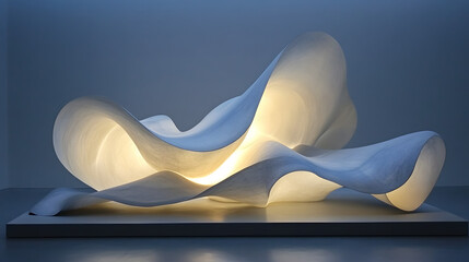 Poster - Intricate white paper sculpture featuring curved designs illuminated by soft lighting in a modern art studio environment.