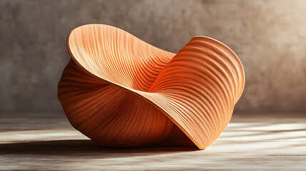Poster - Beautiful wooden object with smooth curvilinear aesthetics displayed on a table in a softly lit artistic environment.