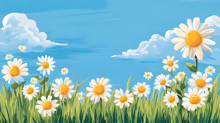 Poster - A bright illustration of daisies in a grassy field under a clear blue sky with fluffy clouds, evoking a cheerful and vibrant atmosphere