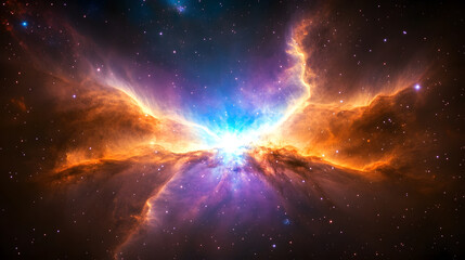 Poster - A vibrant cosmic scene depicting a nebula with swirling colors of orange, blue, and purple, showcasing the beauty of space