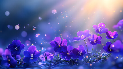 Poster - A serene display of vibrant purple flowers illuminated by soft light, creating a magical and tranquil atmosphere