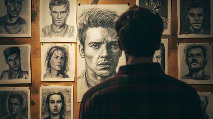 Poster - A man engaged in contemplation while observing a wall filled with artistic portraits in a brightly lit space of creative expression.