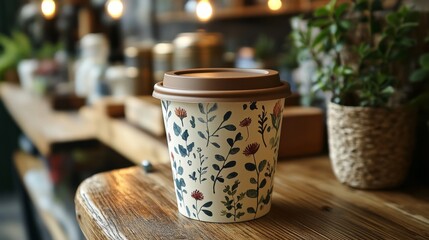 Fototapete - A beautifully designed coffee cup rests on a wooden table in a cozy cafe. Soft lighting and green plants create a welcoming atmosphere perfect for relaxation.