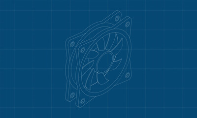 Poster - Isometric computer fan blueprint. Computer fan cooler. Isometric of PC case fan. Computer hardware components. Vector illustration