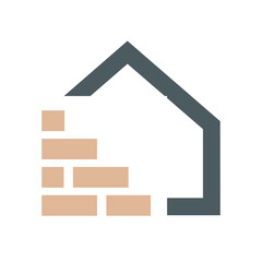 Poster - The image shows a flat logo design of a house with half left made of layered brick in brown color on a white background
