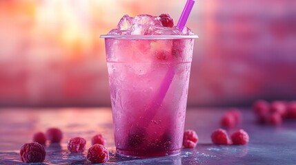 Poster - A clear cup filled with a vibrant raspberry drink rests on a reflective surface, surrounded by fresh raspberries at a beautiful sunset by the beach.