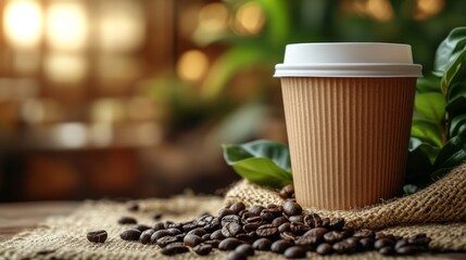 Fototapete - A brown paper cup filled with coffee rests on burlap, surrounded by scattered coffee beans. Green leaves and soft warm light create a relaxed atmosphere in a cafe.