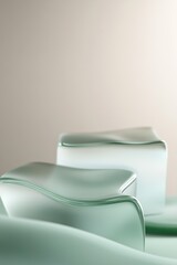 Poster - A collection of overlapping semi-transparent geometric shapes in soft green tones is arranged along the bottom. The blurred background provides a neutral space ideal for branding or text
