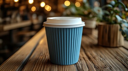Aufkleber - A warm cup of coffee rests on a rustic wooden table in a cozy cafe. Soft lighting creates a relaxed atmosphere, inviting patrons to enjoy their drinks and conversations.