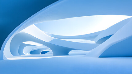 Poster - Bright blue room with a white ceiling showcasing curvilinear geometry and abstract curves in a modern studio environment.
