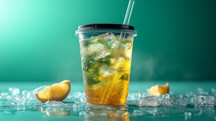 Aufkleber - A clear cup holds a chilled citrus drink filled with ice and fresh mint leaves. Lemon wedges sit beside the drink on a teal background, creating a vibrant and refreshing presentation.
