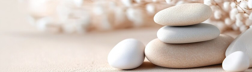 Poster - A footer showcases soft, pebble-like shapes in layered beige tones with a subtle texture. The blurred background allows for clear text placement, perfect for wellness-focused branding