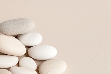 Poster - Layered beige tones form soft, organic pebble shapes with subtle textures, creating a sophisticated footer ideal for contemporary wellness branding. The blurred background allows text placement