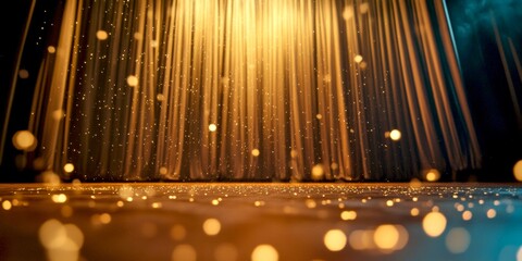Poster - A stunning image with vibrant golden lights and particles shining against a dark background. This abstract photo captures the glow and adds a magical feel for your creative projects. AI
