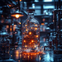 Poster - glowing glass bottle visualizing a breakthrough scientific discovery