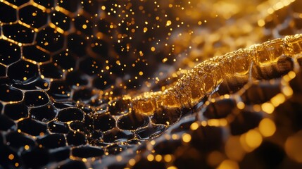 Poster - Abstract honeycomb structure with flowing golden particles and light effects