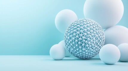 Poster - a captivating digital abstract with a geometric blue wireframe sphere surrounded by soft white orbs 