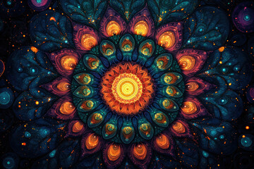 Poster - Intricate fractal mandala with vibrant teal, orange, and purple hues, radiating symmetry and cosmic depth.