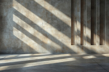 Aufkleber - Sunlit minimalist concrete room with recessed wall panels, casting dramatic shadows.