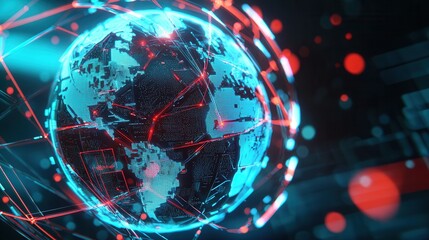 Poster - A visually striking 3D digital rendering depicting a glowing blue sphere representing the earth surrounded by a network of pulsing interconnected lines and lights