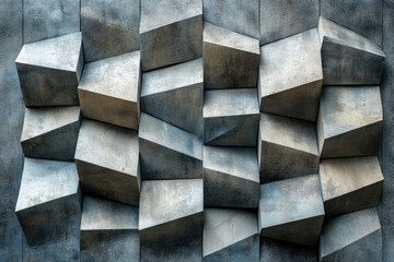 Poster - Abstract geometric gray concrete wall with angular, textured blocks creating a three-dimensional effect.