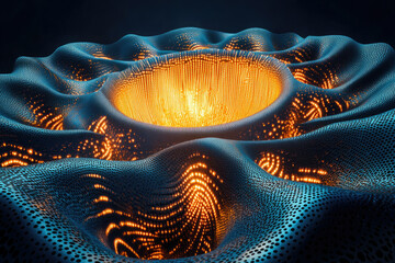 Aufkleber - Abstract 3D render of a dark blue, undulating surface with glowing orange lights, resembling a digital landscape or energy field.