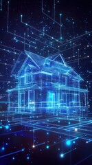 Poster - Futuristic digital house with glowing data background