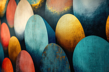 Poster - Abstract art featuring overlapping textured circles in teal, gold, and red hues.
