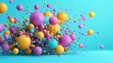 Poster - Vibrant and dynamic abstract composition featuring a swirling display of colorful liquid and floating spherical particles creating a mesmerizing and captivating visual experience
