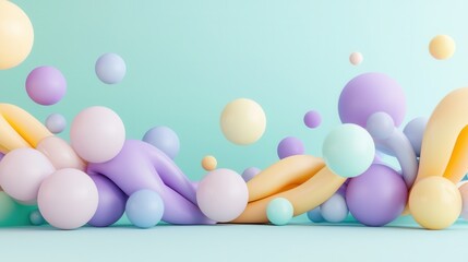 Poster - Whimsical arrangement of soft pastel colored geometric spheres in fluid motion creating a dreamlike and celebratory atmosphere